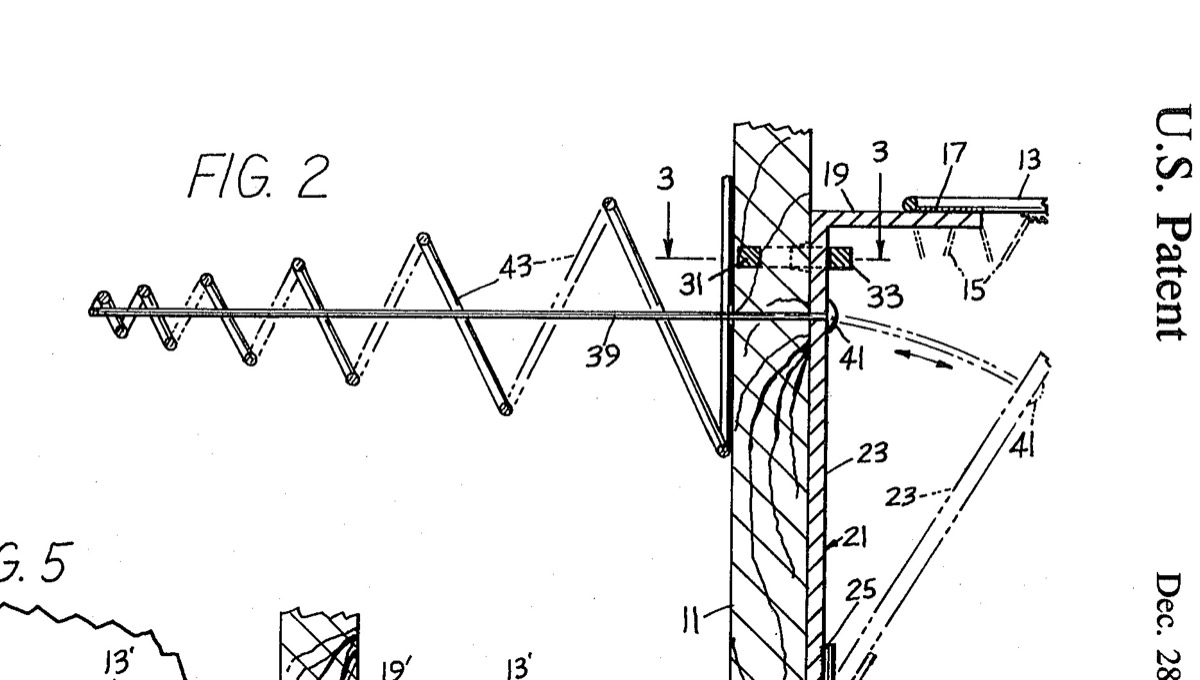 U.S. Patent 4,365,802 drawing showing the swingable, spring-loaded hinge mechanism of Arthur Ehrat's breakaway basketball rim, with the coiled compression spring and cable that pull the rim back into position