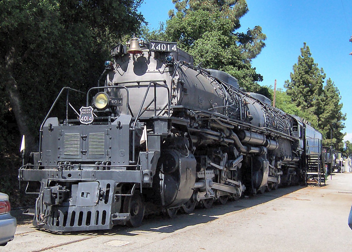 Union Pacific Big Boy No. 4014 as a static museum exhibit at the RailGiants Train Museum, Los Angeles County Fairgrounds, Pomona, California, showing the full locomotive parked with visitors nearby