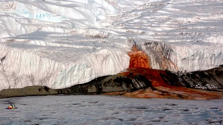 Blood Falls in Antarctica looks like a glacier is bleeding. A five-story red stain pours from Taylor