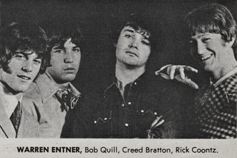 The Grass Roots pose together for a 1967 group publicity photo showing the band lineup that included guitarist Creed Bratton, black and white, era-accurate to the band's chart run
