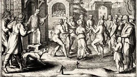 In 1518, a "dancing plague" struck Strasbourg, Alsace, where hundreds of people danced uncontrollabl