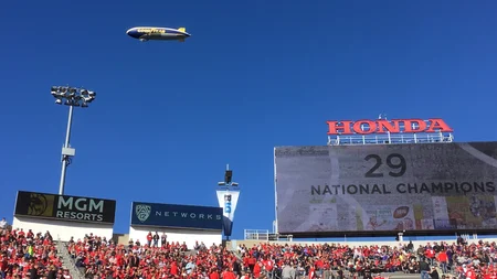 The Goodyear Blimp has floated over college football since the 1955 Rose Bowl. Over the 64 years tha