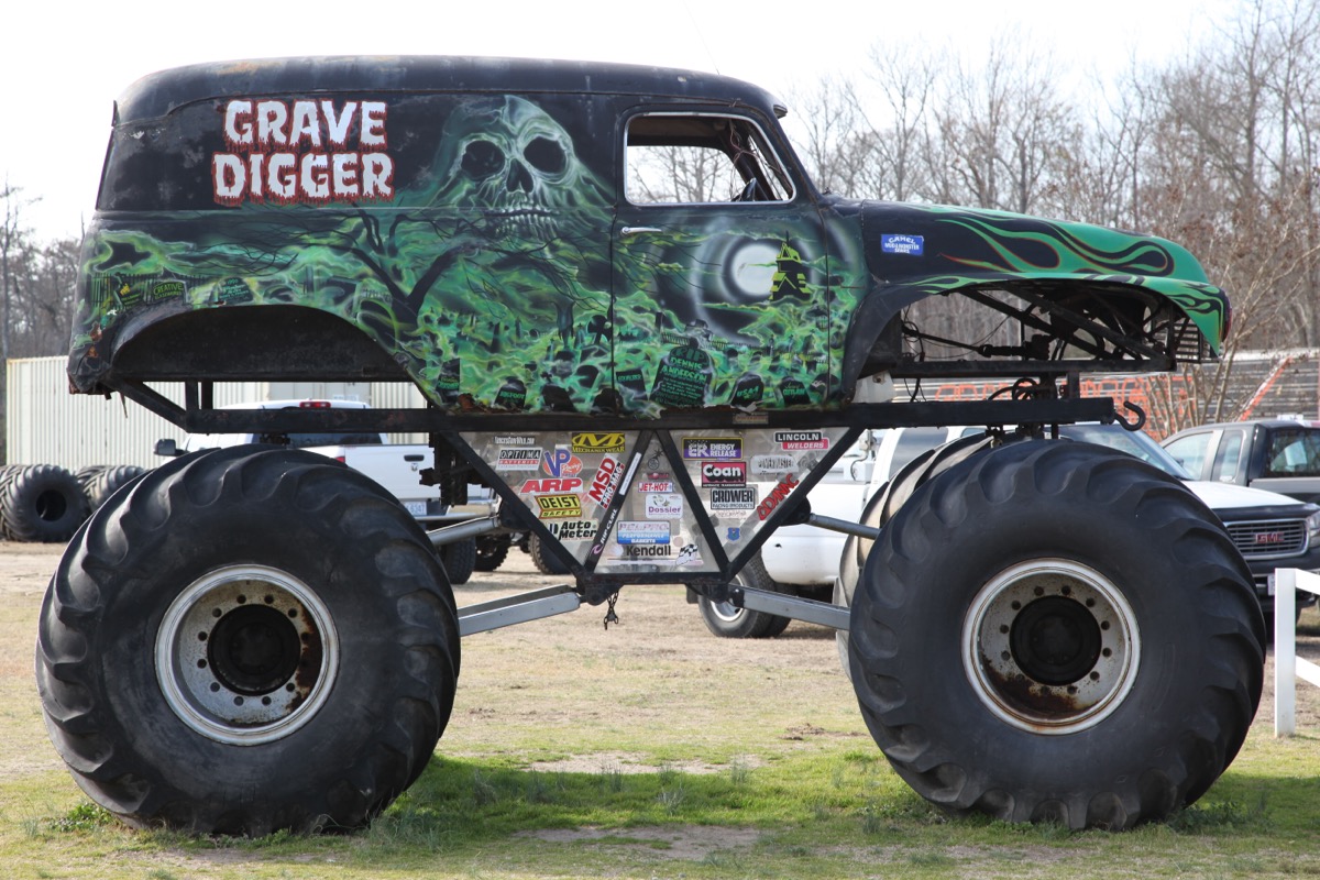 The first Grave Digger monster truck, rebuilt in 1984 and nicknamed Grandma, on static display inside Digger's Dungeon museum in Poplar Branch, North Carolina