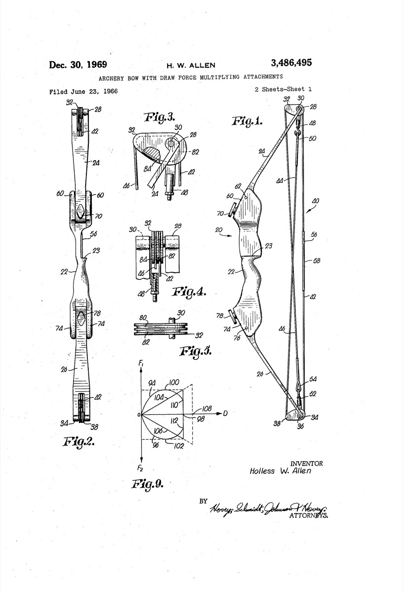 Holless Wilbur Allen's 1969 patent drawing for the compound archery bow, US Patent 3,486,495, showing eccentric pulleys mounted on the tips of the bow limbs