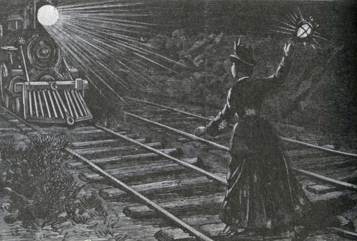 Contemporary 19th-century newspaper illustration of Kate Shelley signaling an oncoming train at night with a lantern