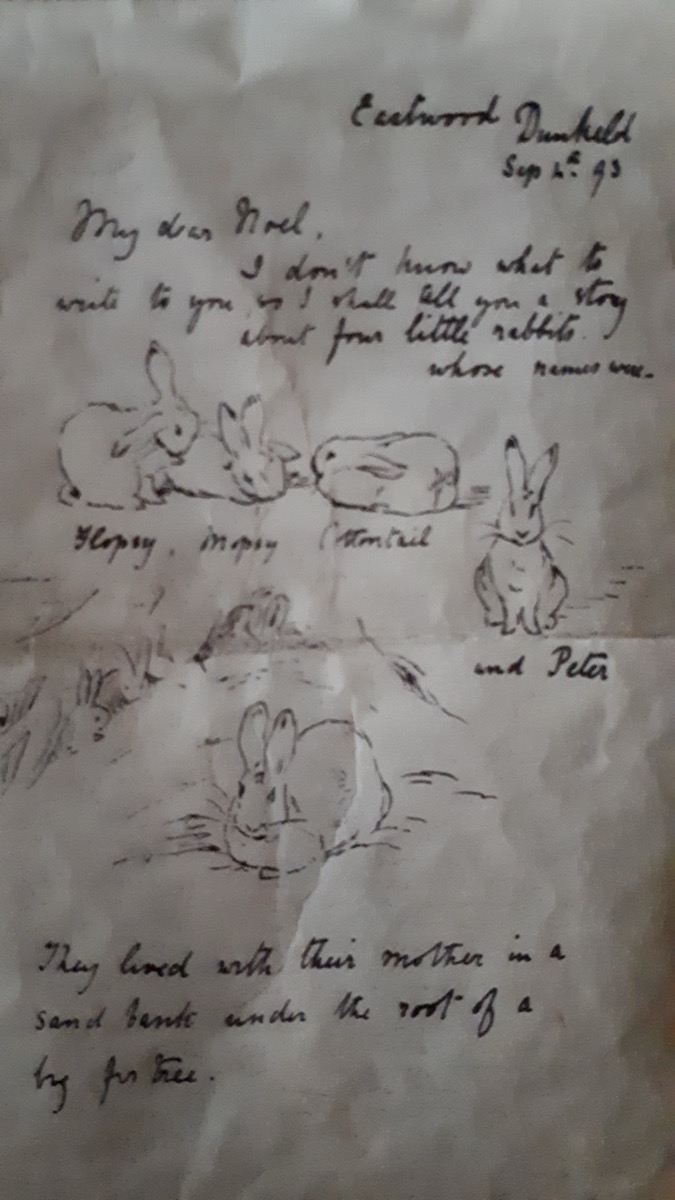 Beatrix Potter's original 1893 illustrated picture letter to Noel Moore, showing the handwritten story and small pen-and-ink rabbit sketches in the margins