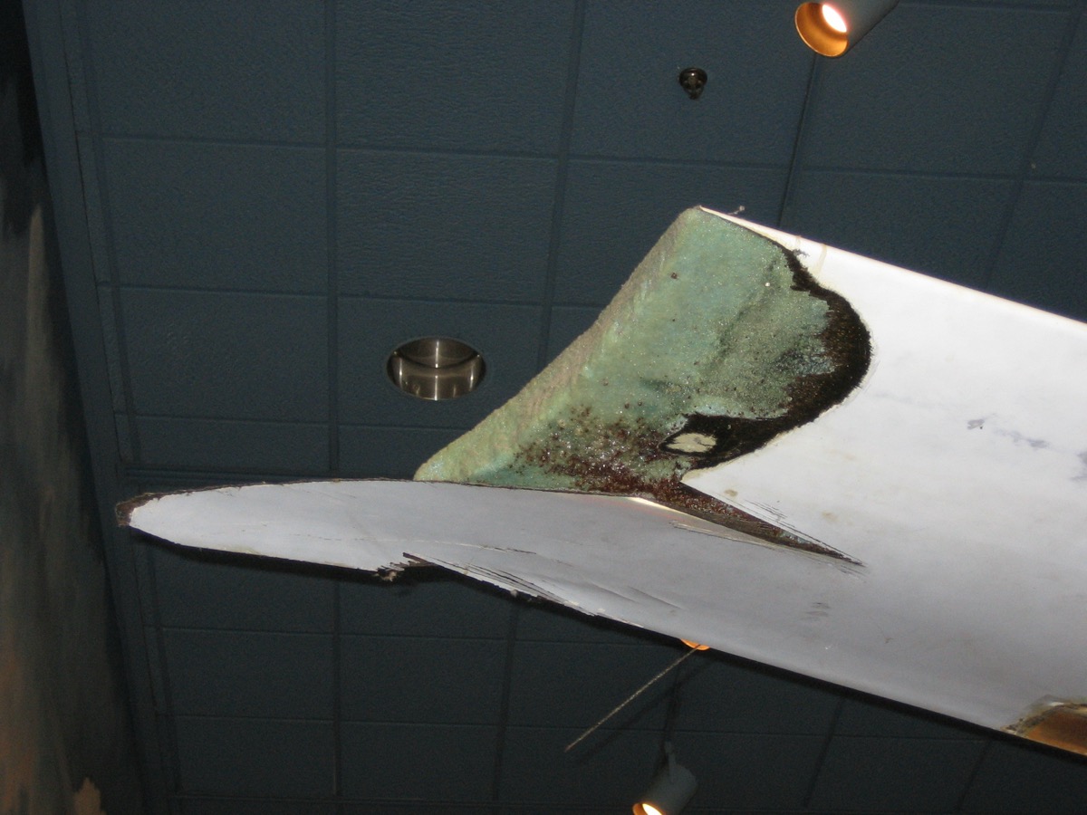 Close-up of the Rutan Voyager's damaged wingtip and winglet, as preserved and displayed at the Smithsonian National Air and Space Museum