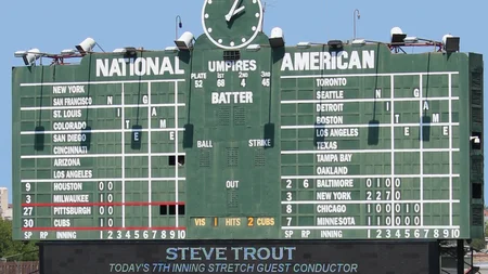 Wrigley Field's scoreboard is a giant board that has loomed over the bleachers since 1937. No batted