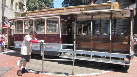 San Francisco's Powell Street cable car has no reverse gear and no loop to turn around on. So at the