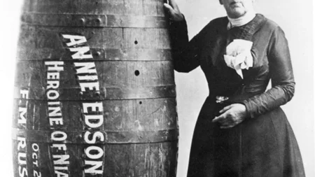 The first person to go over Niagara falls was Annie Edson-Taylor. She made the trip in a wooden barr