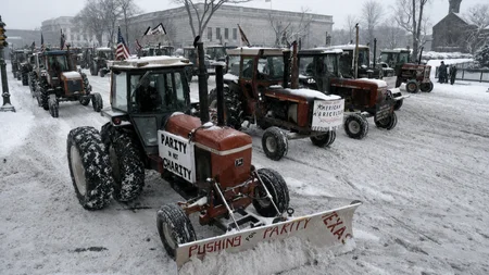 Thousands of farmers drove tractors into Washington DC in February 1979 to protest farm policy. Poli