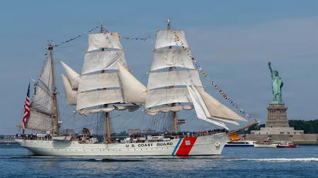 USCGC Eagle led America's 250th birthday parade through New York Harbor on July 4, 2026. The three-m