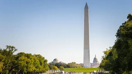 The Washington Monument is two different shades of marble. Construction started in 1848 but funding