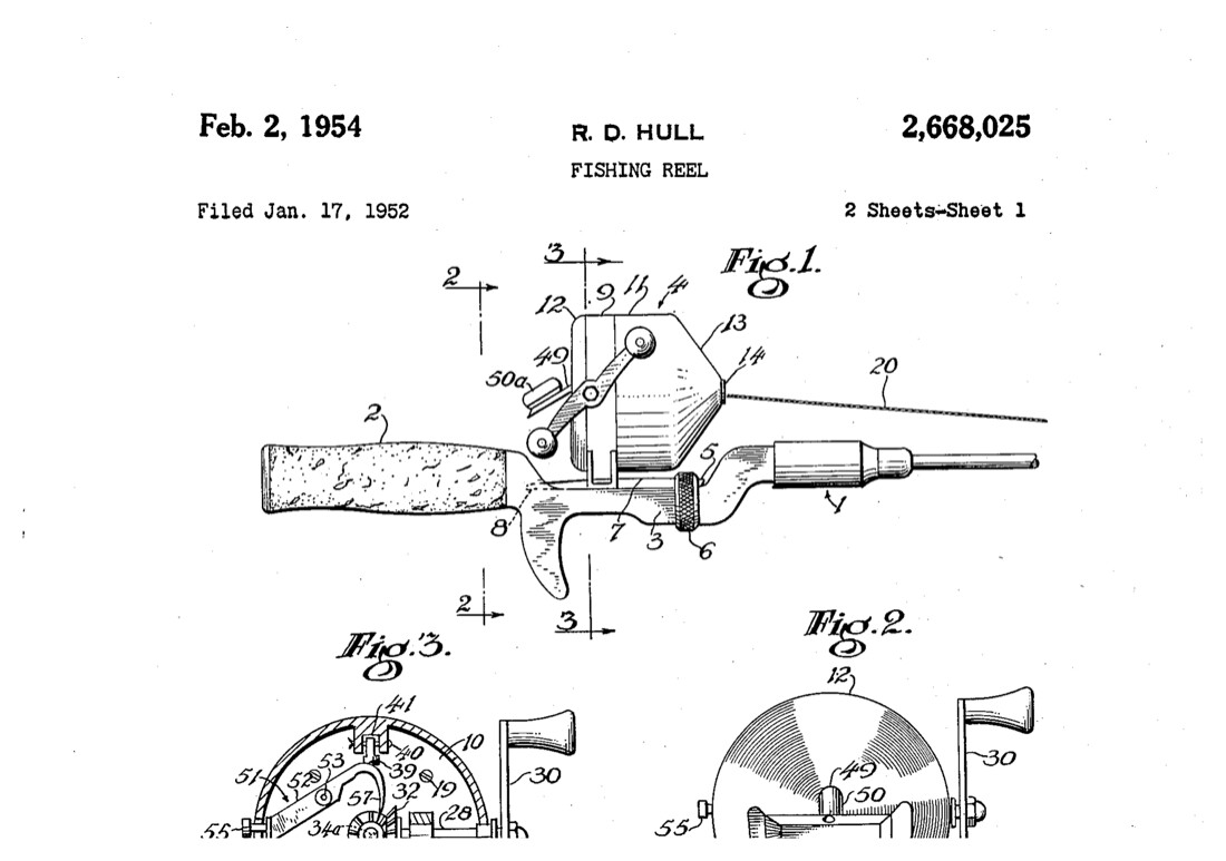 R.D. Hull's original 1954 U.S. patent drawing for the push-button spincast fishing reel, showing the enclosed spool assembly and side thumb-button mechanism